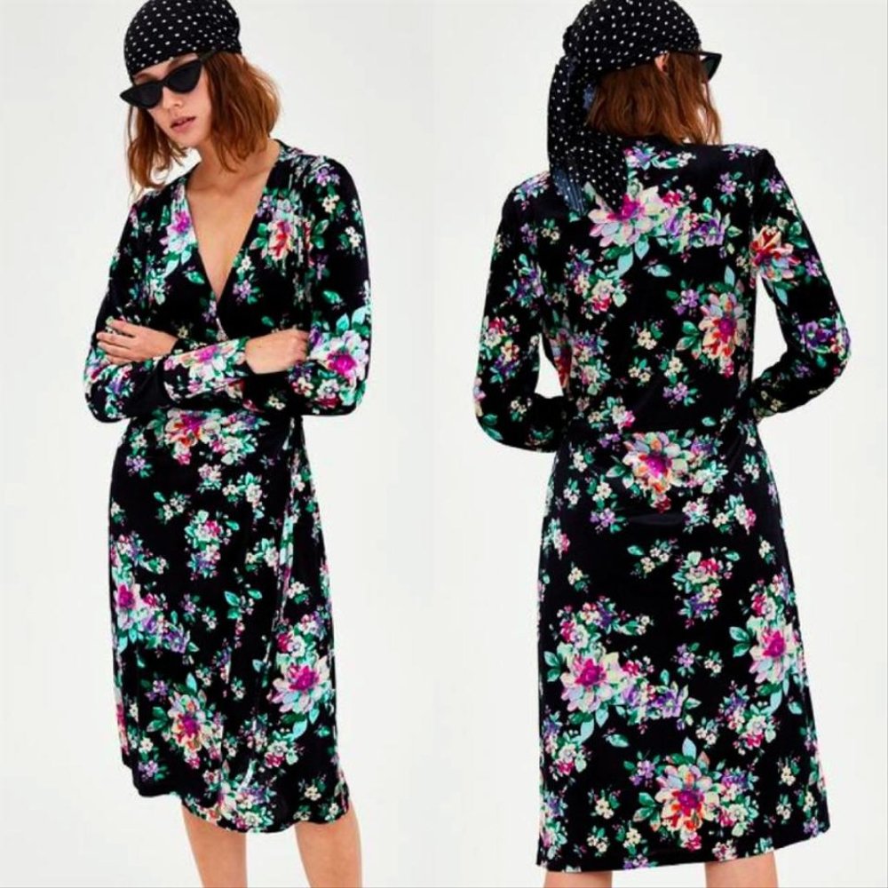 NWT ZARA Floral-Print Velvet Wrap Midi Dress, Sz L